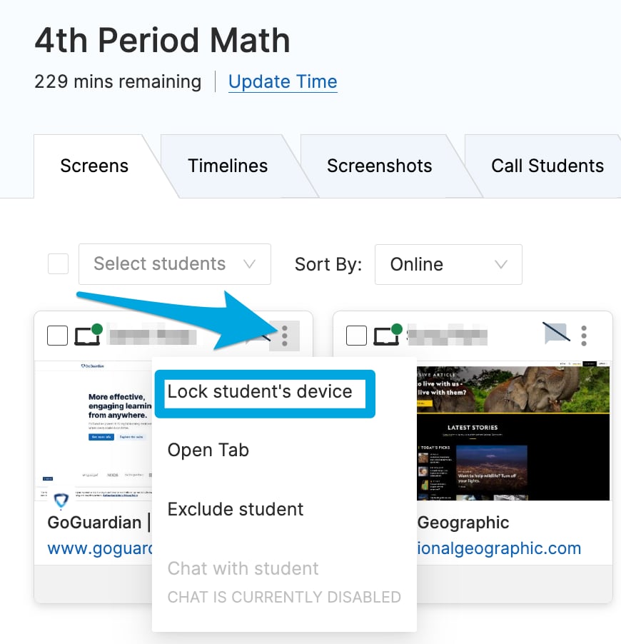'Lock Device' command for a student's tile in GoGuardian Teacher