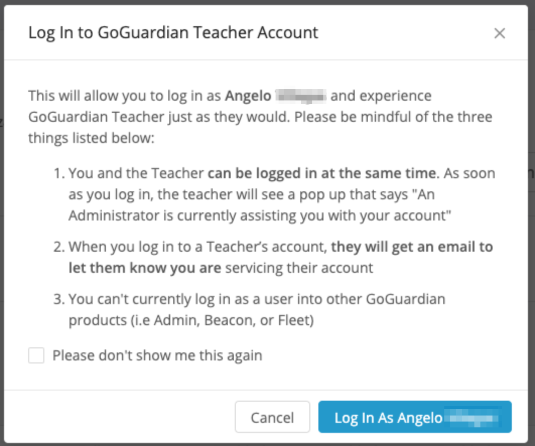 The Log in to a GoGuardian Teacher Account page displaying a message about how the feature works, how the teacher…