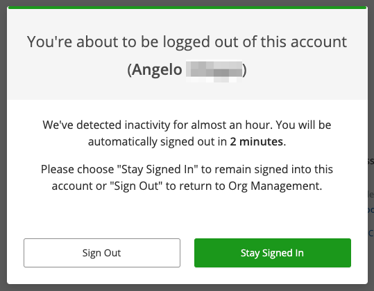 The "You're about to be logged out of this account" message displayed when an admin has been inactive on a teachers…