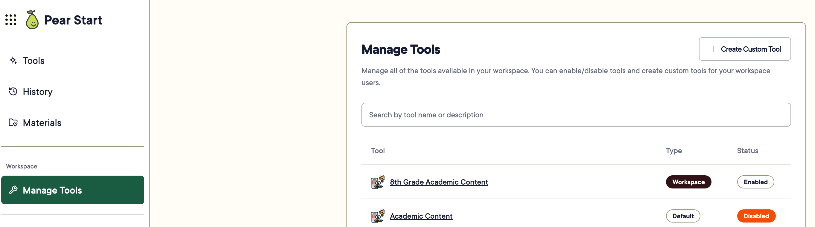 View of Pear Start "Manage Tools" page.