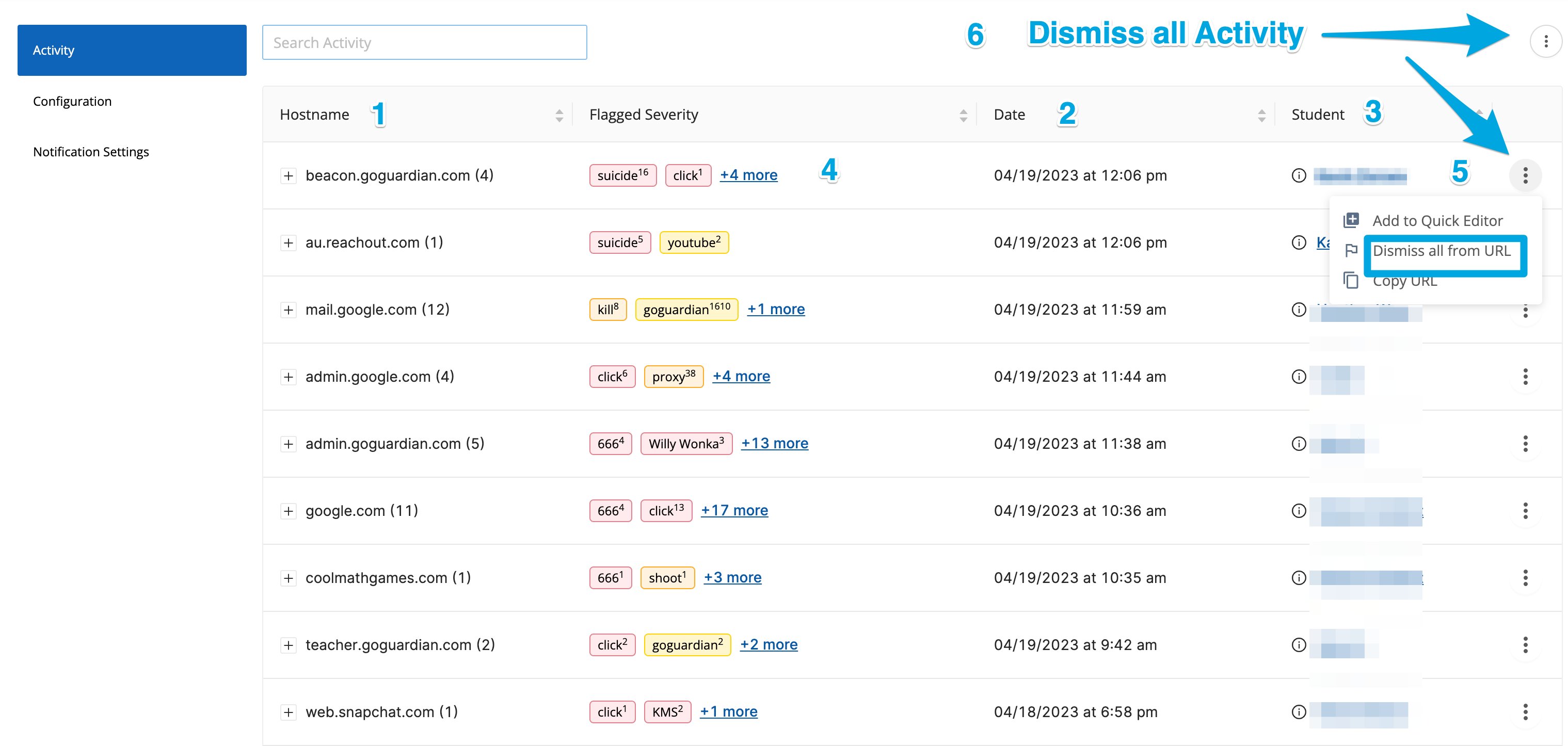 Flagged Activity 'Activity' page displaying alert hostnames, student names, Flagged Terms and more