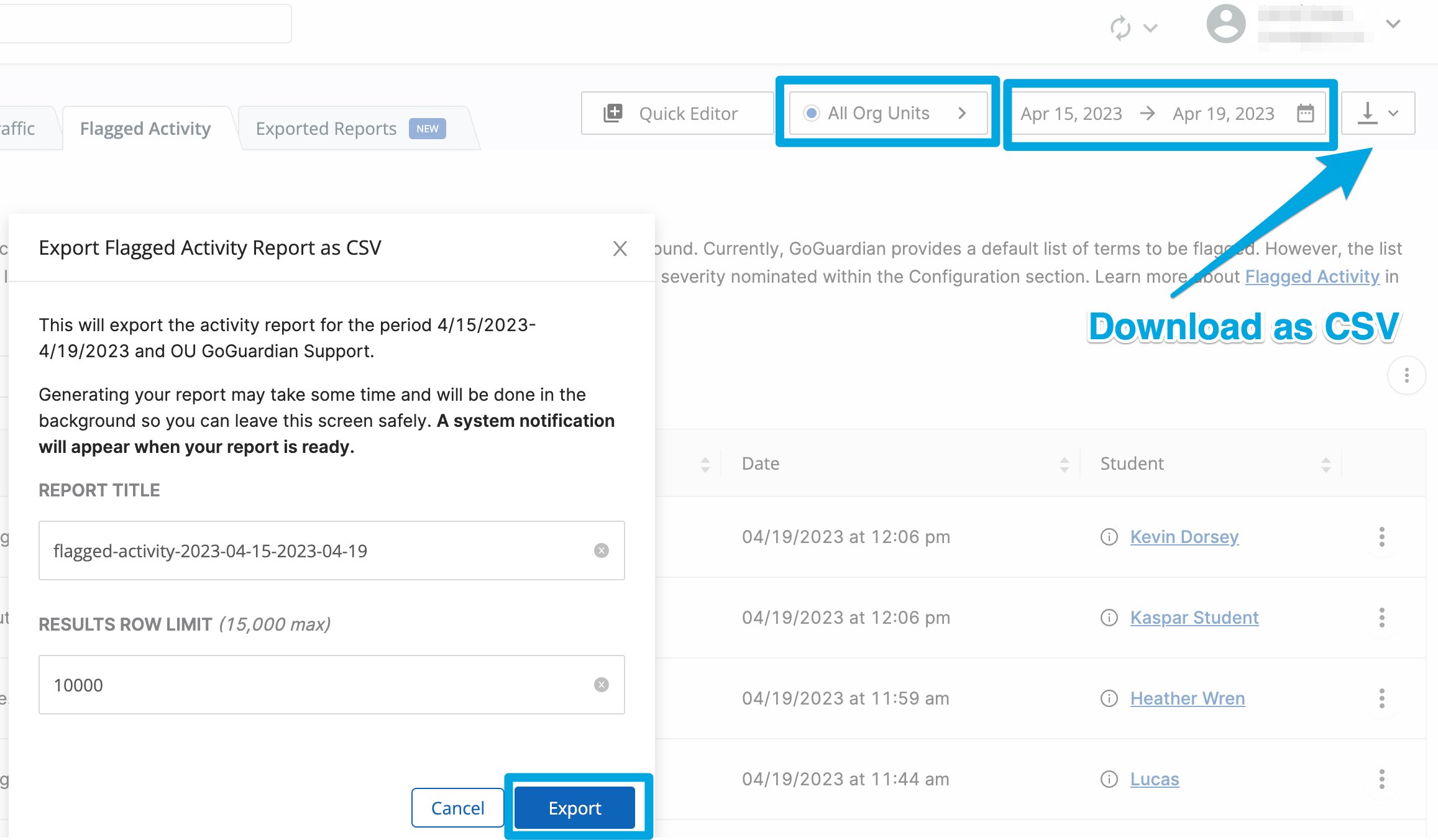 The Flagged Activity CSV Export option
