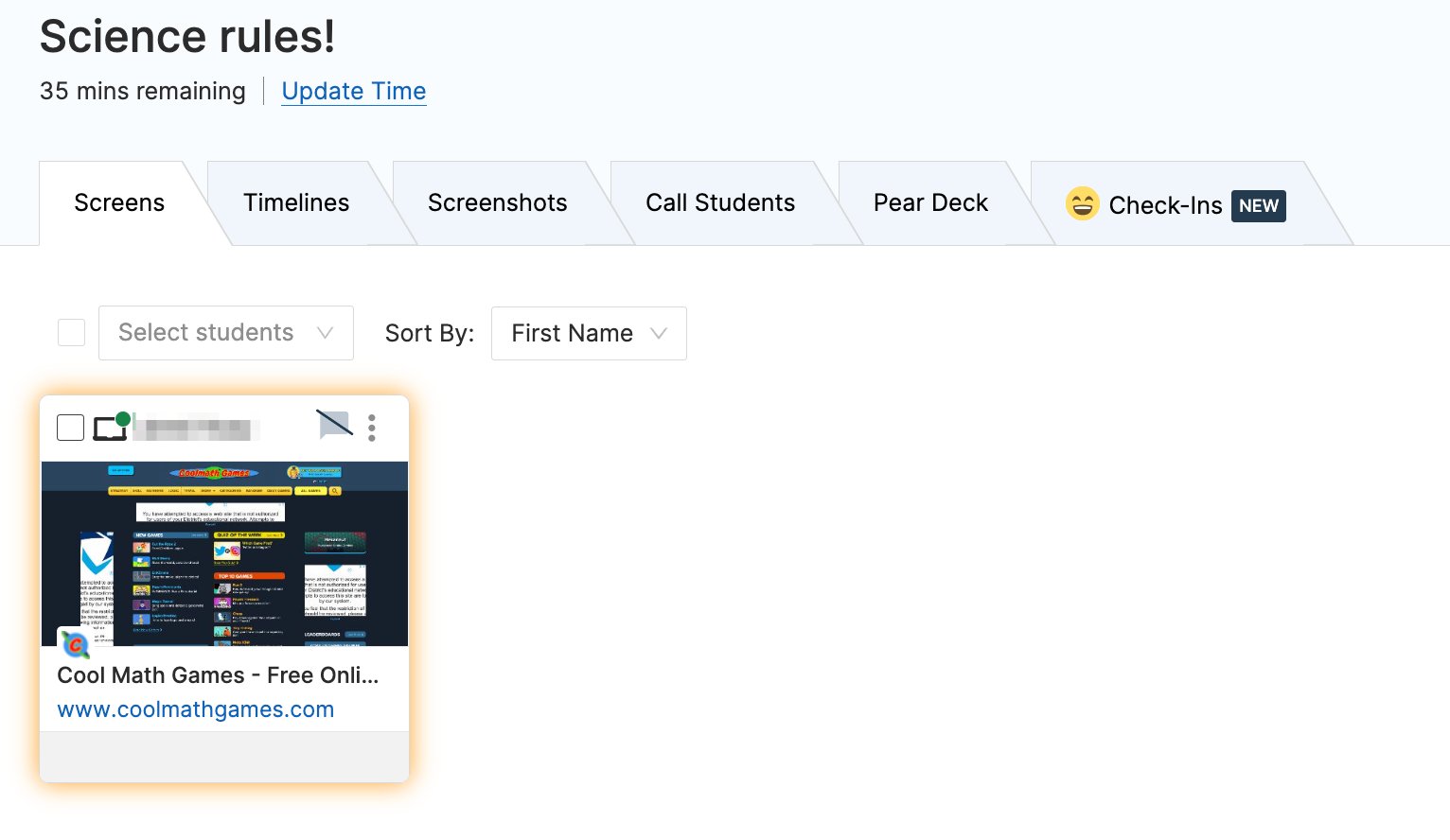 A student's tile highlighted in gold demonstrating the off-task alert notification