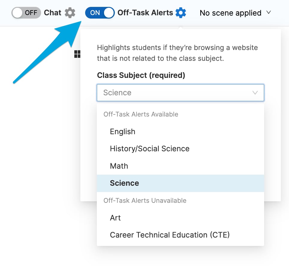 The Off-Task Alerts setting being toggled to "on" and Class Subject selection interface