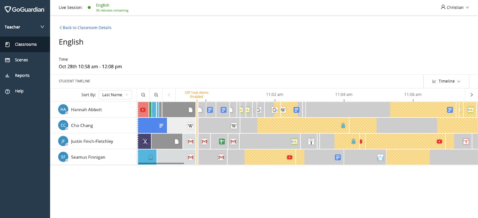 English Class Time Oct 28th 10:58am - 12:08pm. s Student timelines sorted by: last name. Off-Task Alerts Enabled…