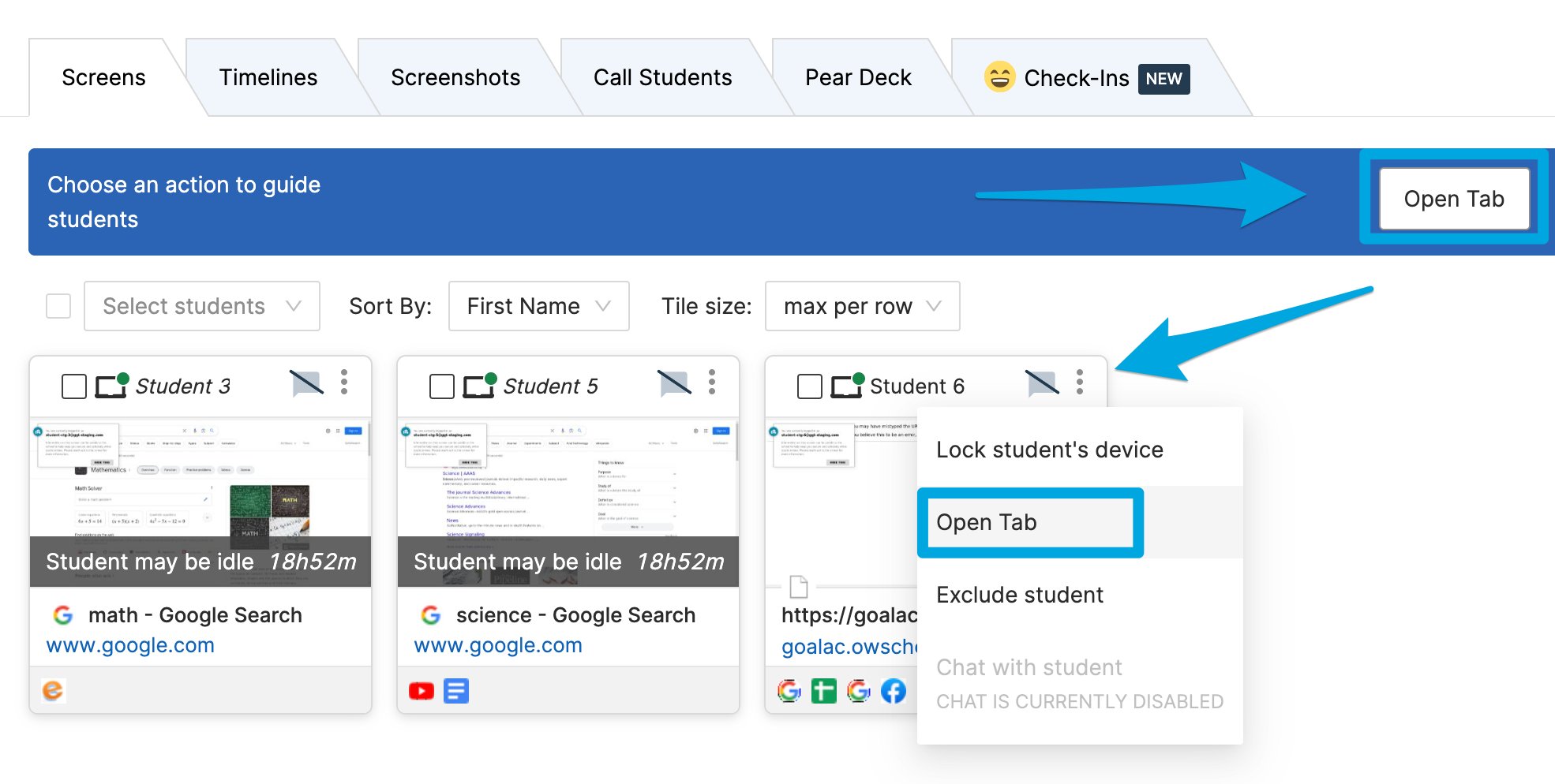 Enter a URL in the Open Tab interface and click Open Tab to push the page to the student.