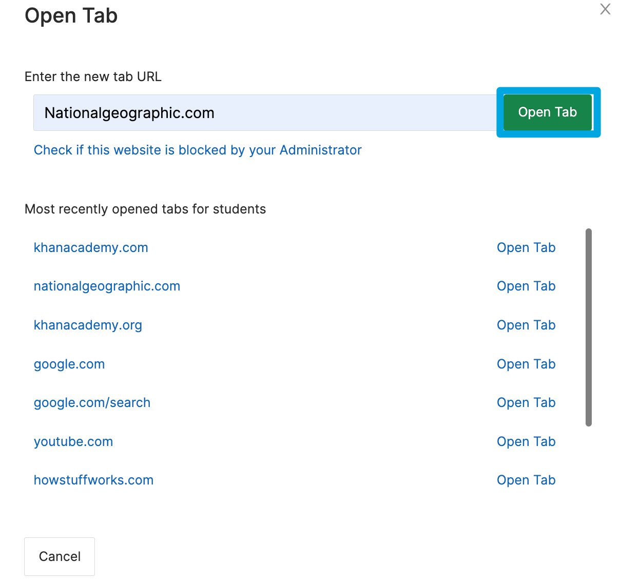 The "open tab" modal used for opening a tab for a student
