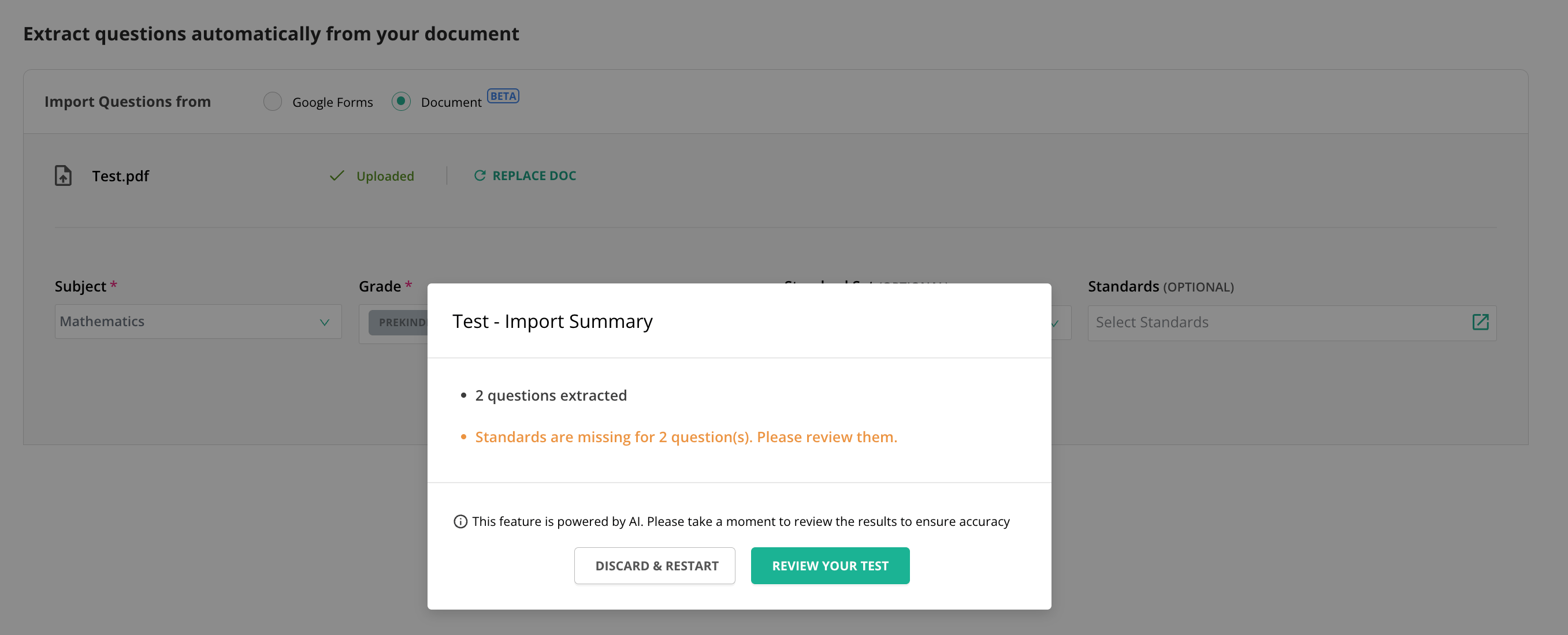 Review the warnings returned by Pear Assessment.