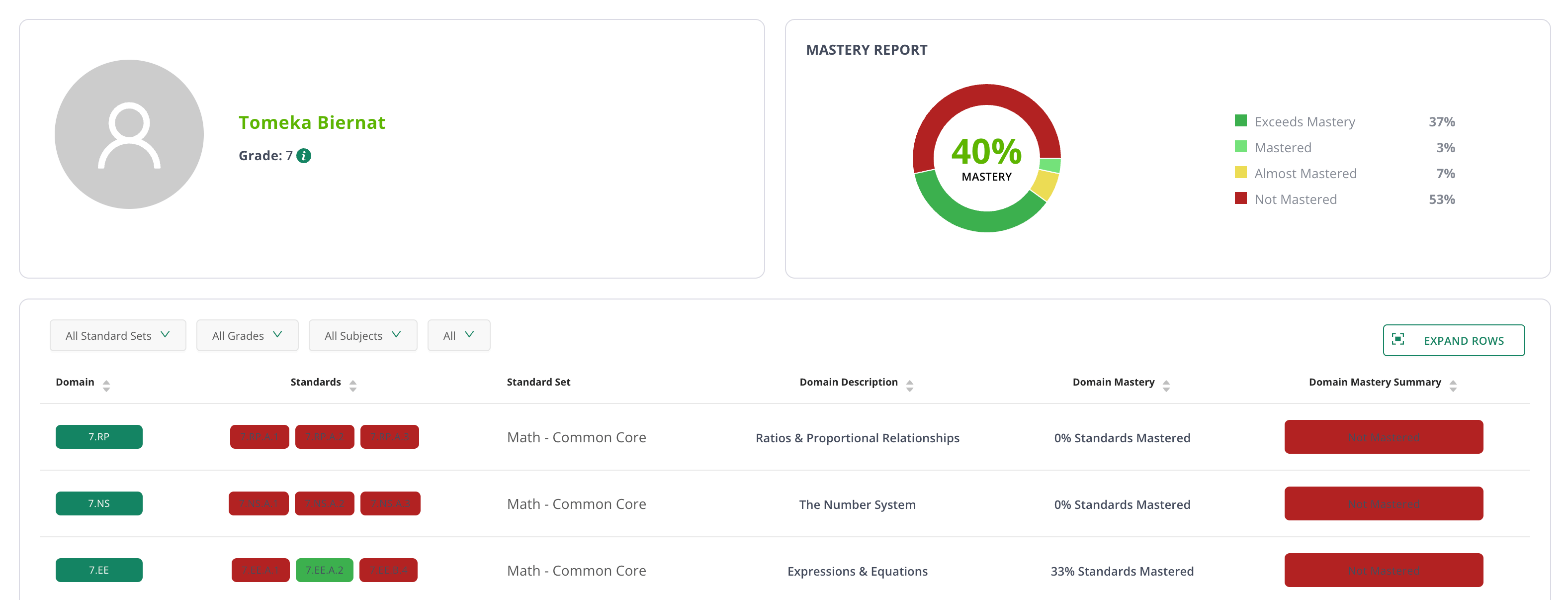 Overall view of the Student Mastery Profile report.