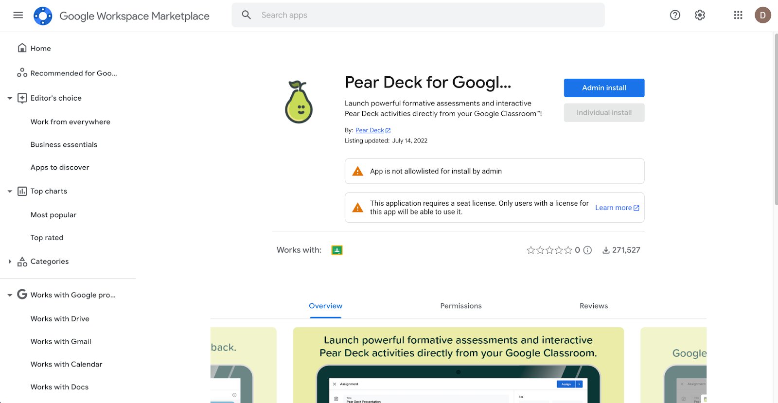 Google Workspace Marketplace window shows the Pear Deck for Google Slides Add-on with a blue Admin Install button