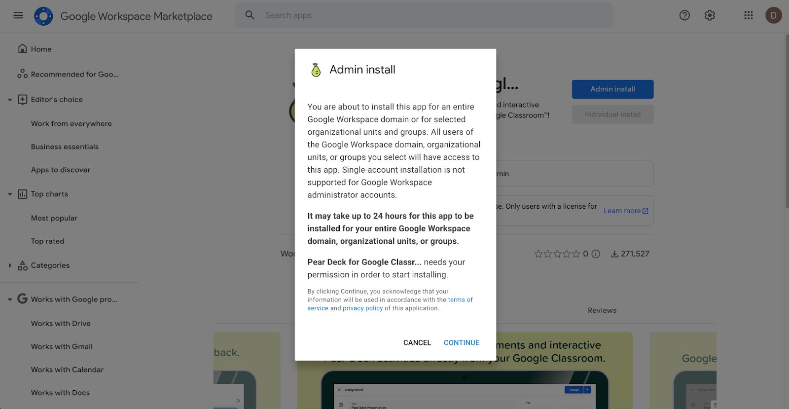 Google Workspace Marketplace prompt letting admin know they are installing the Pear Deck app, and shows a link to…