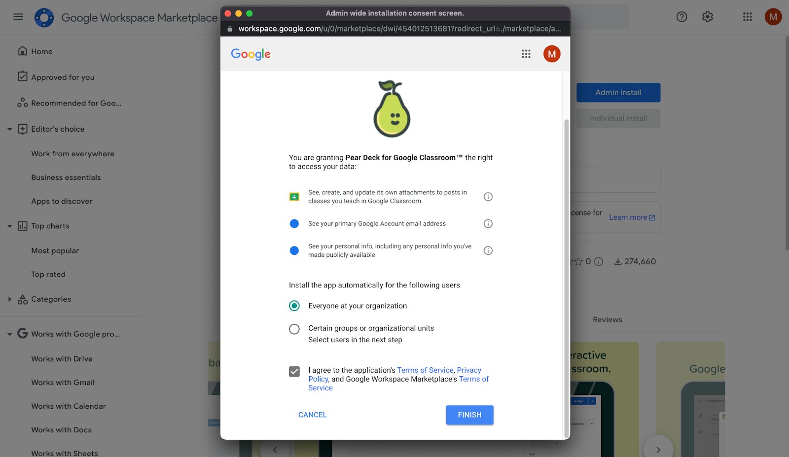 Window showing a blue install button that allows Pear Deck for Google Classroom the right access to account data