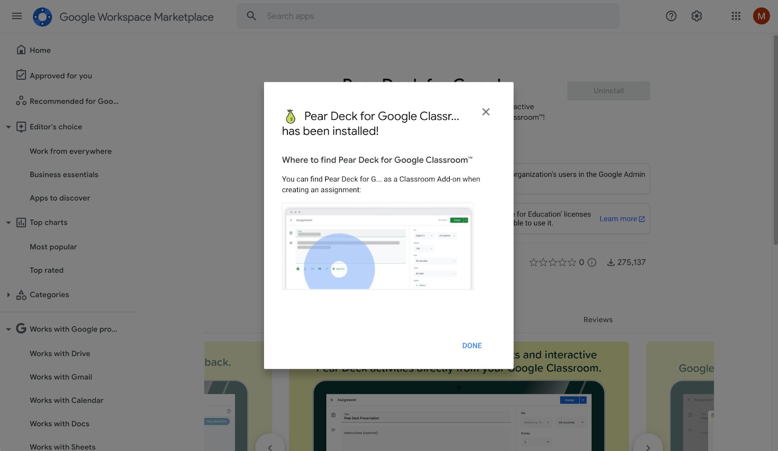 Confirmation windows showing that Pear Deck for Google Classroom add-on install is complete.