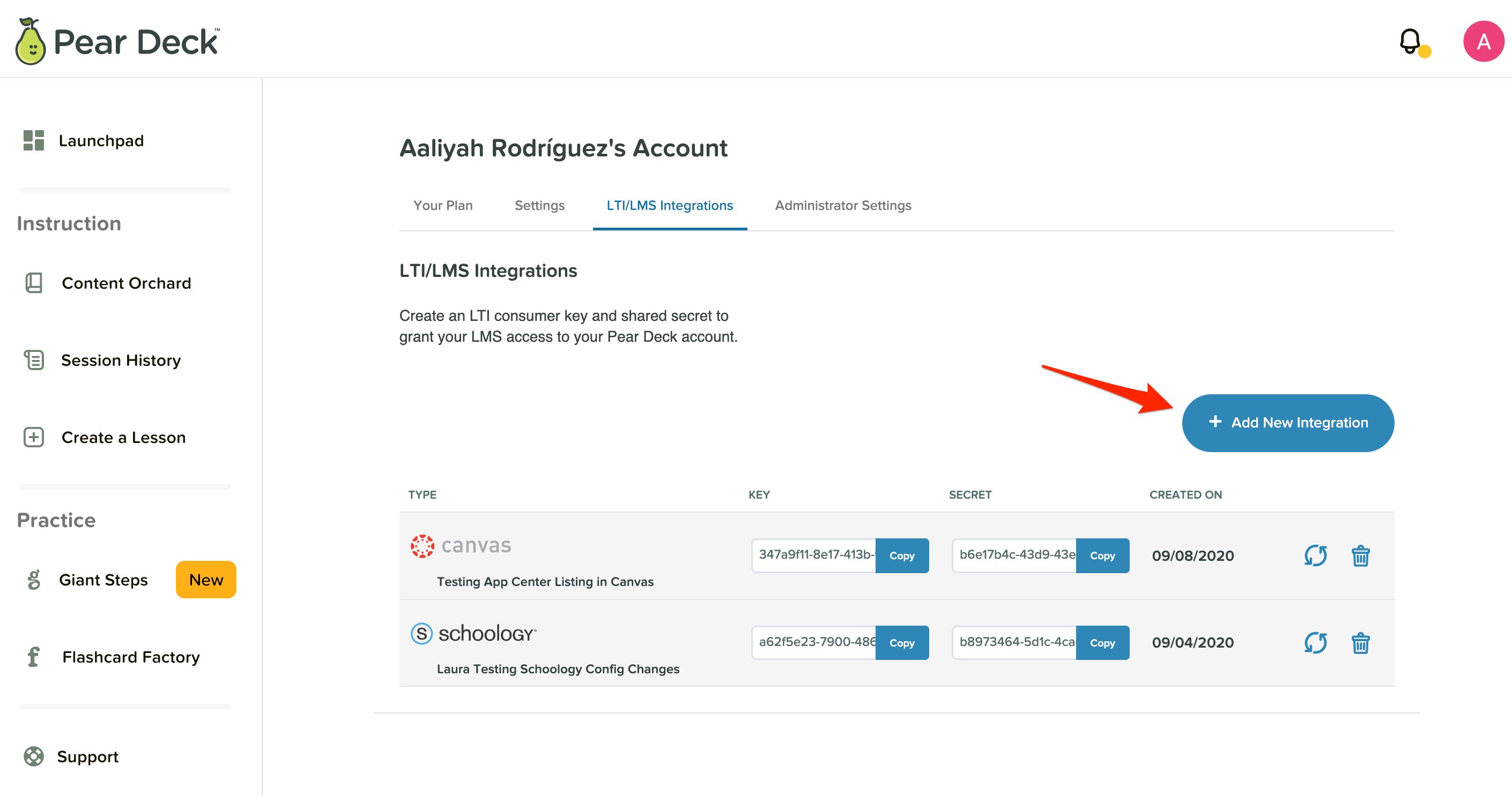 Administrator Dashboard LTI/LMS Integrations tab