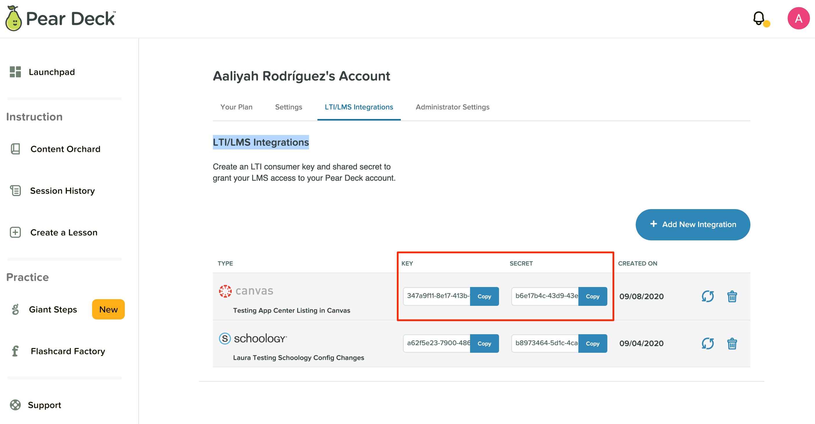 Administrator Dashboard Key and Secret
