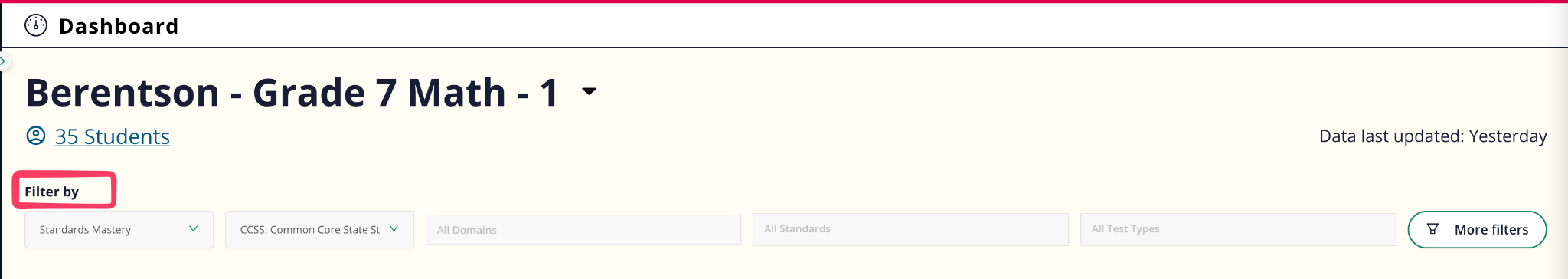 Filter bar at the top of the Class Profile Report.
