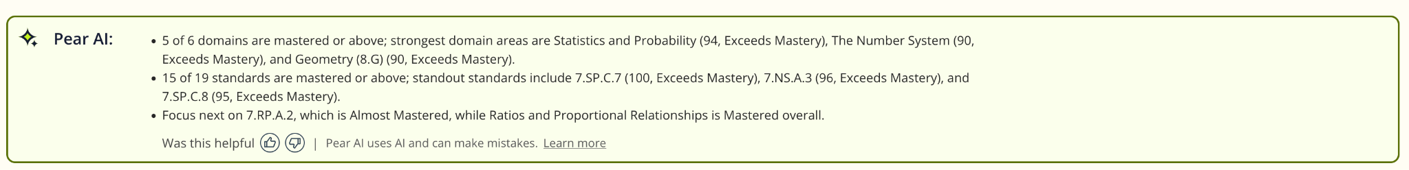 The Pear AI summary box on the Class Profile Report.