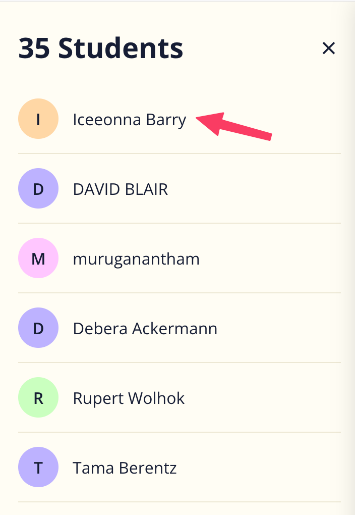 The student list for a class, showing each student's name.