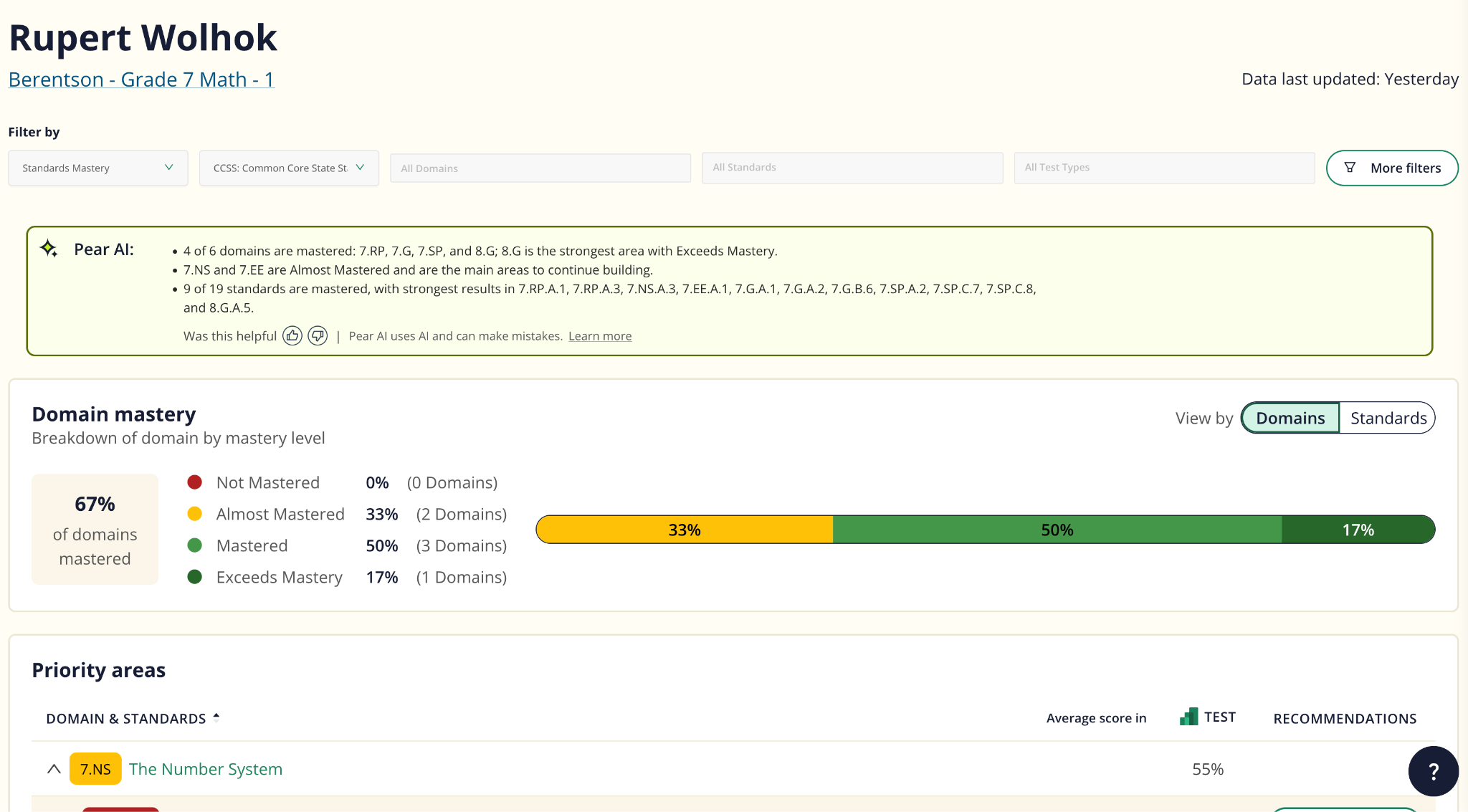 A Student Profile Report, showing an individual student's Pear AI summary, domain mastery, and priority areas.