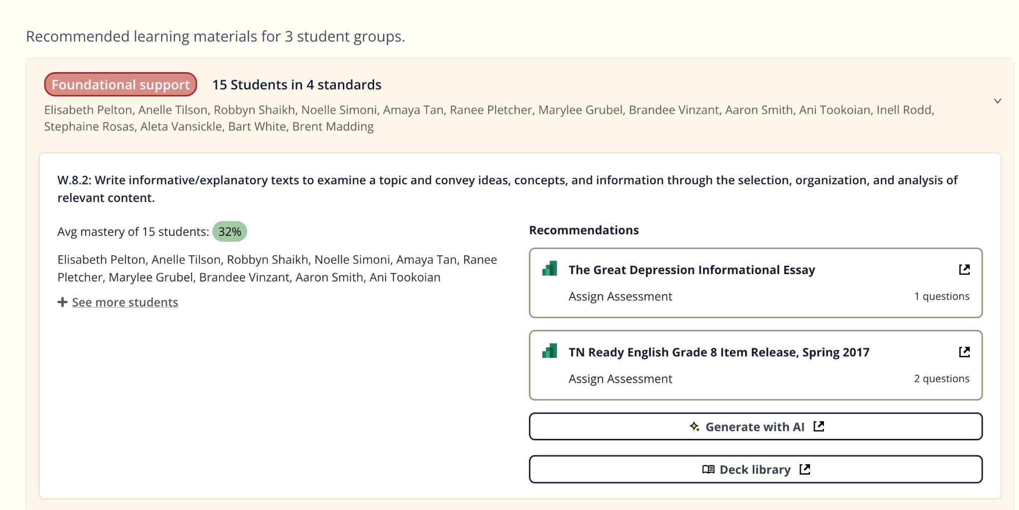Group detail view showing average mastery, students, and recommended resources.