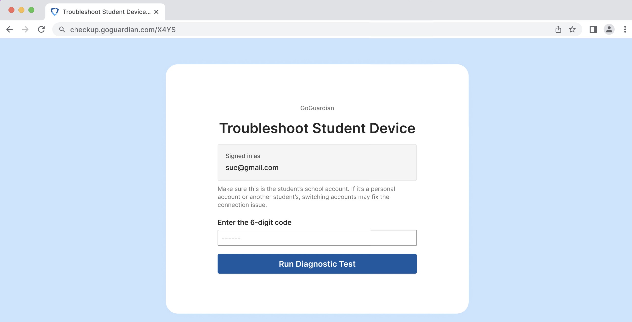 The student device diagnostics page with a field to enter the six-digit code before running the diagnostic test.