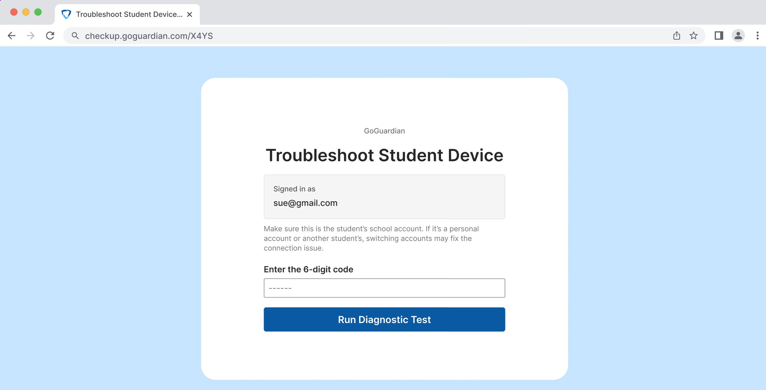 The student device diagnostics page with a field to enter the six-digit code before running the diagnostic test.