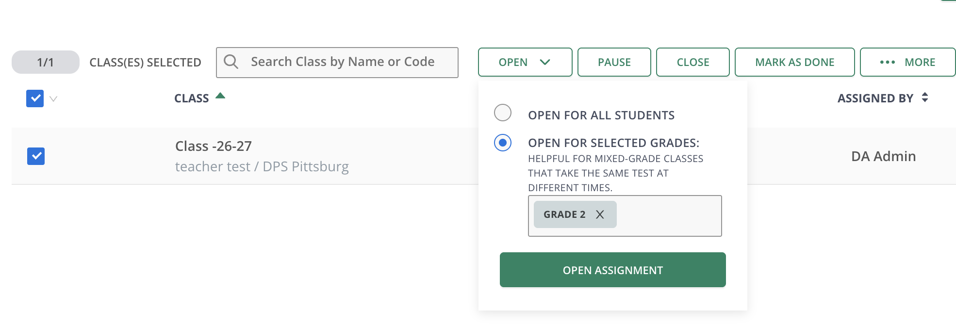 Grade-selection controls for opening an assignment to selected grades in Pear Assessment.