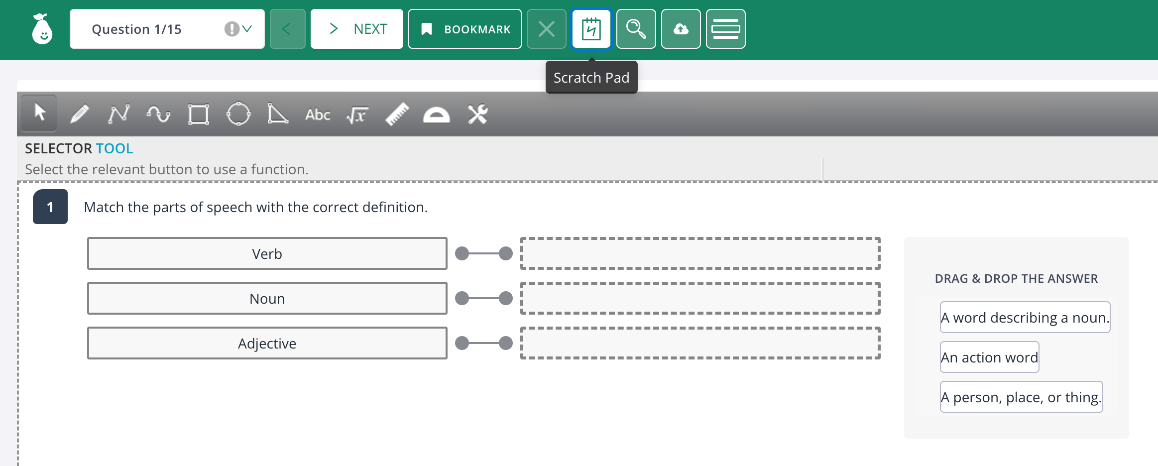 Assessment toolbar with Scratchpad enabled and scratch area visible.