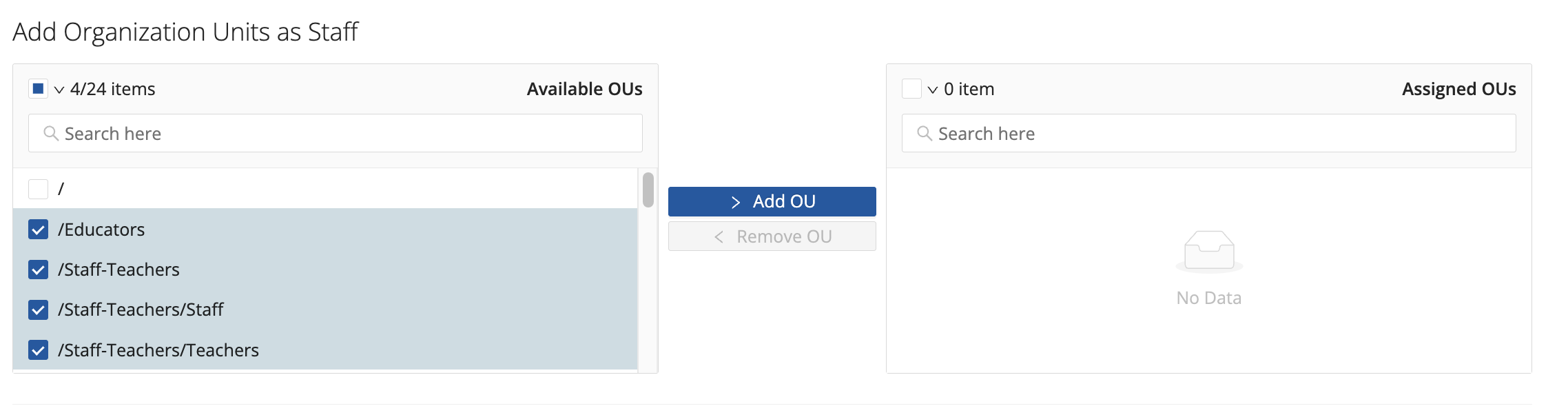 GoGuardian Org Management — Add Organization Units as Staff panel with several OU checkboxes selected and Add OU enabled