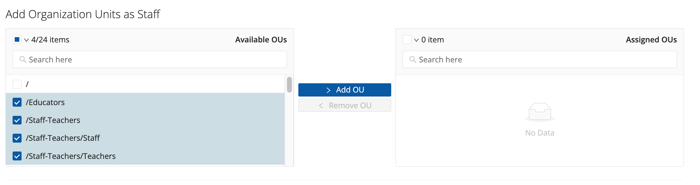 GoGuardian Org Management — Add Organization Units as Staff panel with several OU checkboxes selected and Add OU enabled