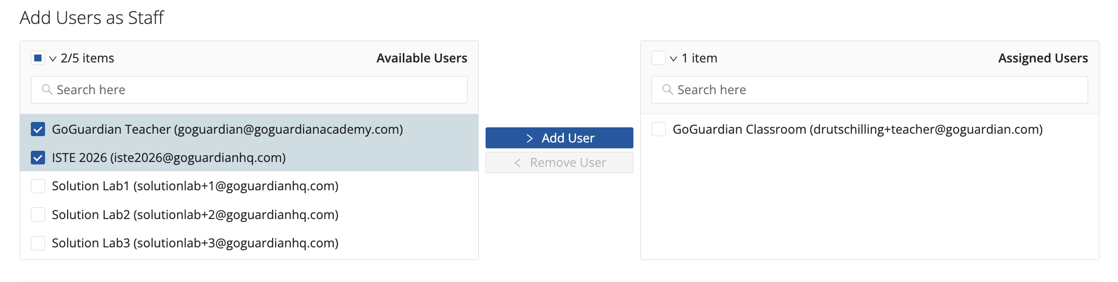GoGuardian Org Management — Add Users as Staff panel with available users selected and Add User enabled