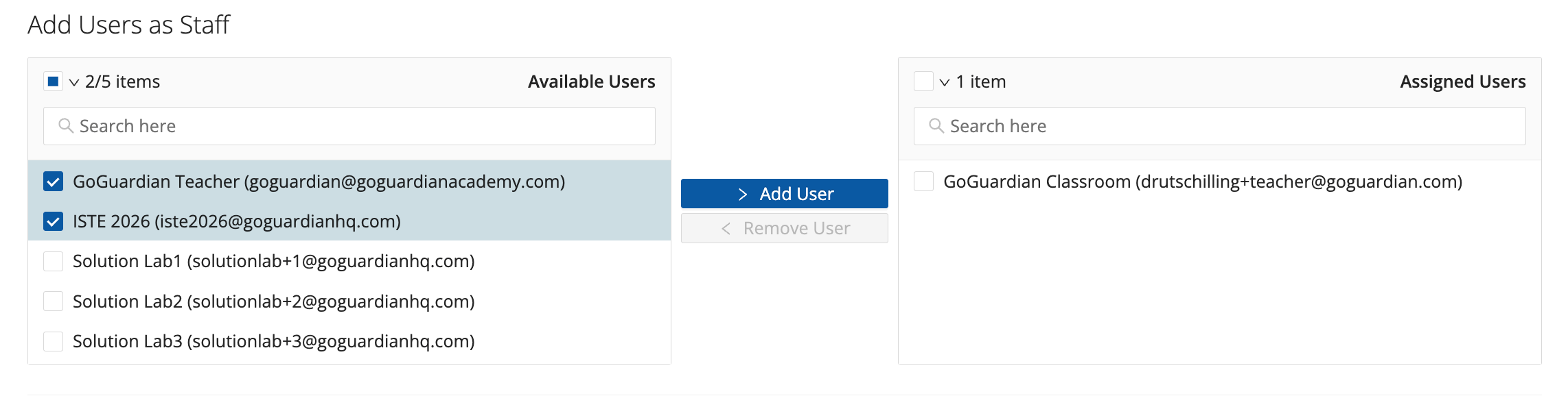 GoGuardian Org Management — Add Users as Staff panel with available users selected and Add User enabled
