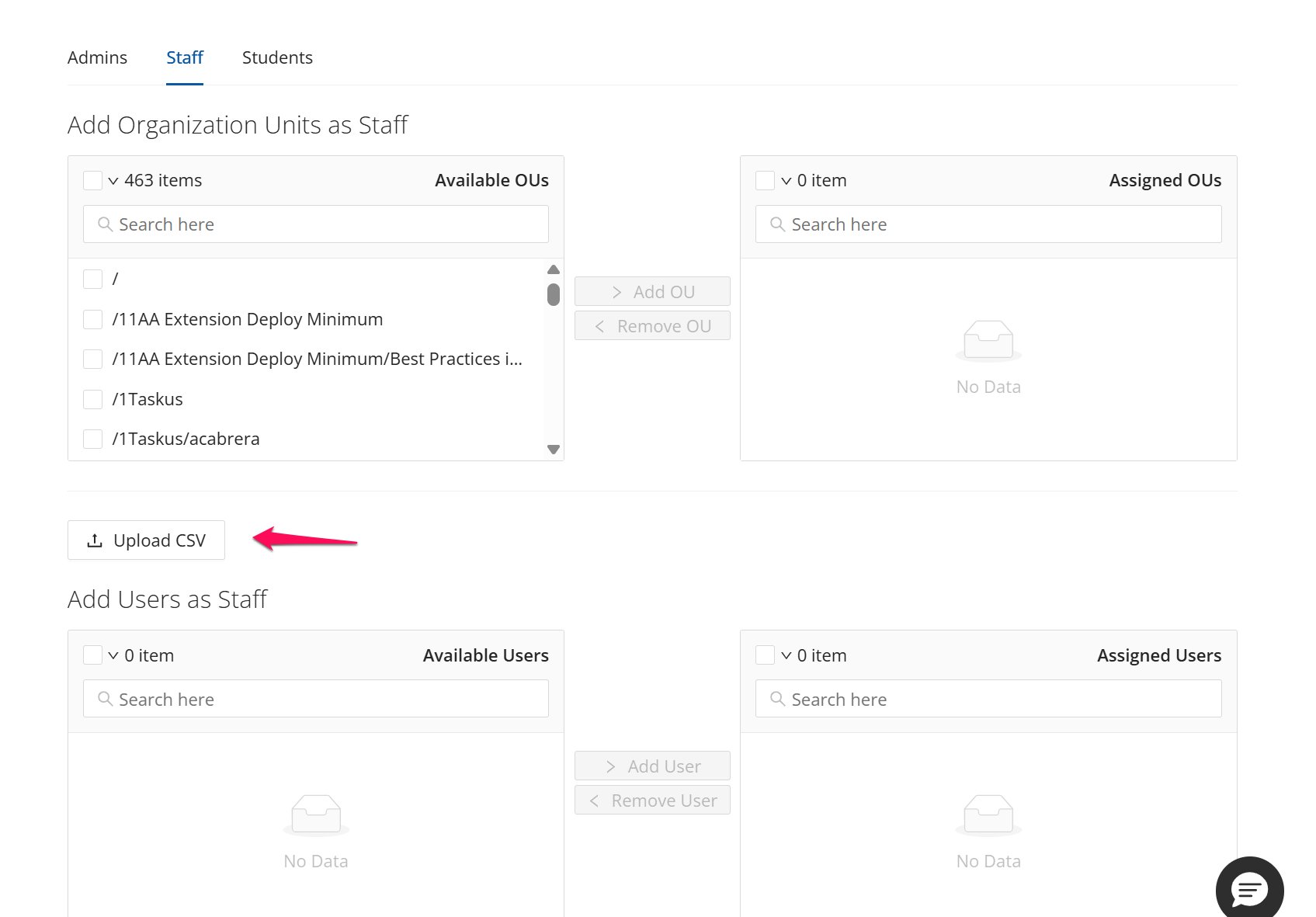 GoGuardian Org Management — Edit Site page with the Upload CSV button highlighted above the Add Users as Staff section