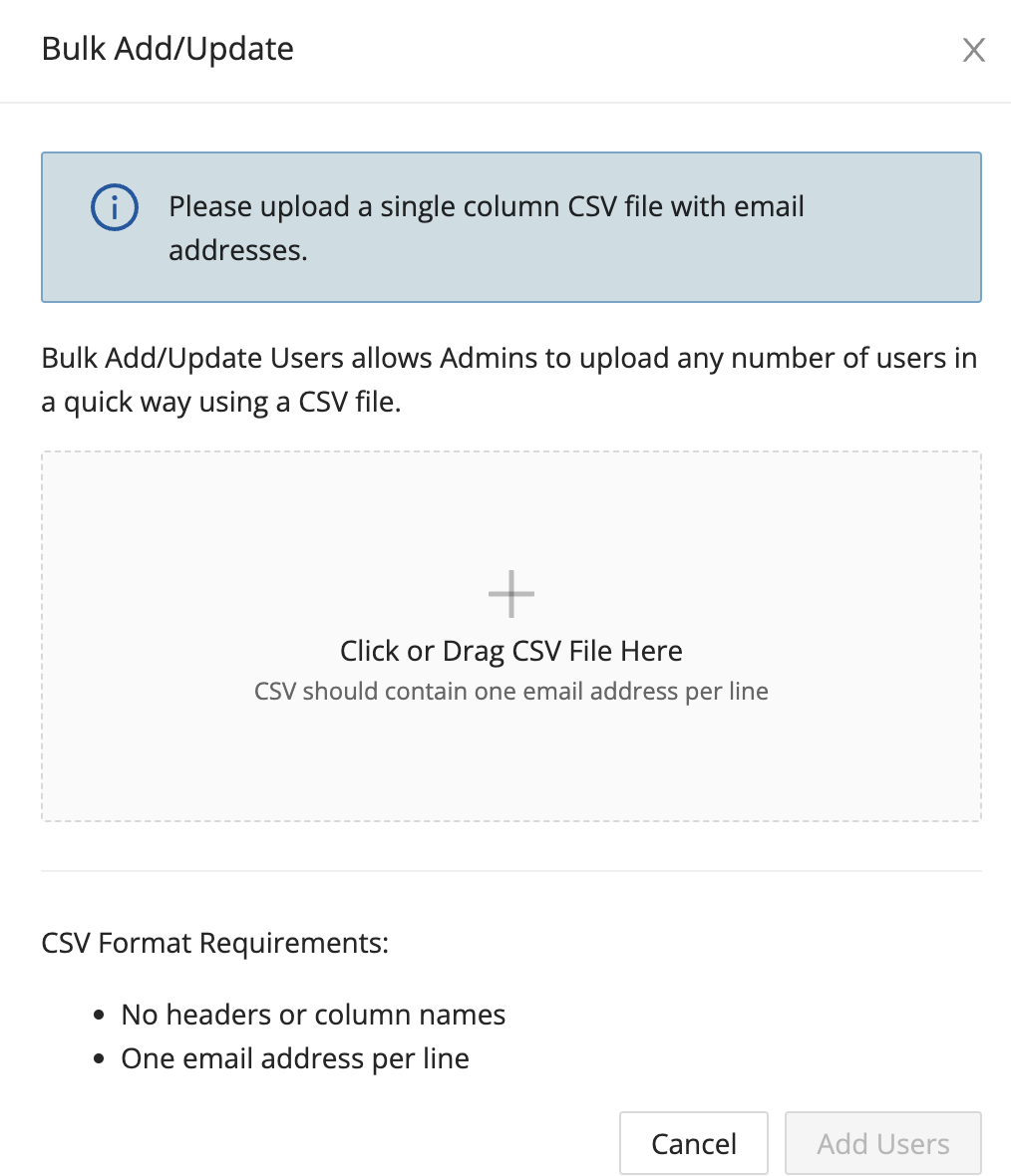 GoGuardian Org Management — Bulk Add/Update dialog for uploading a CSV of email addresses