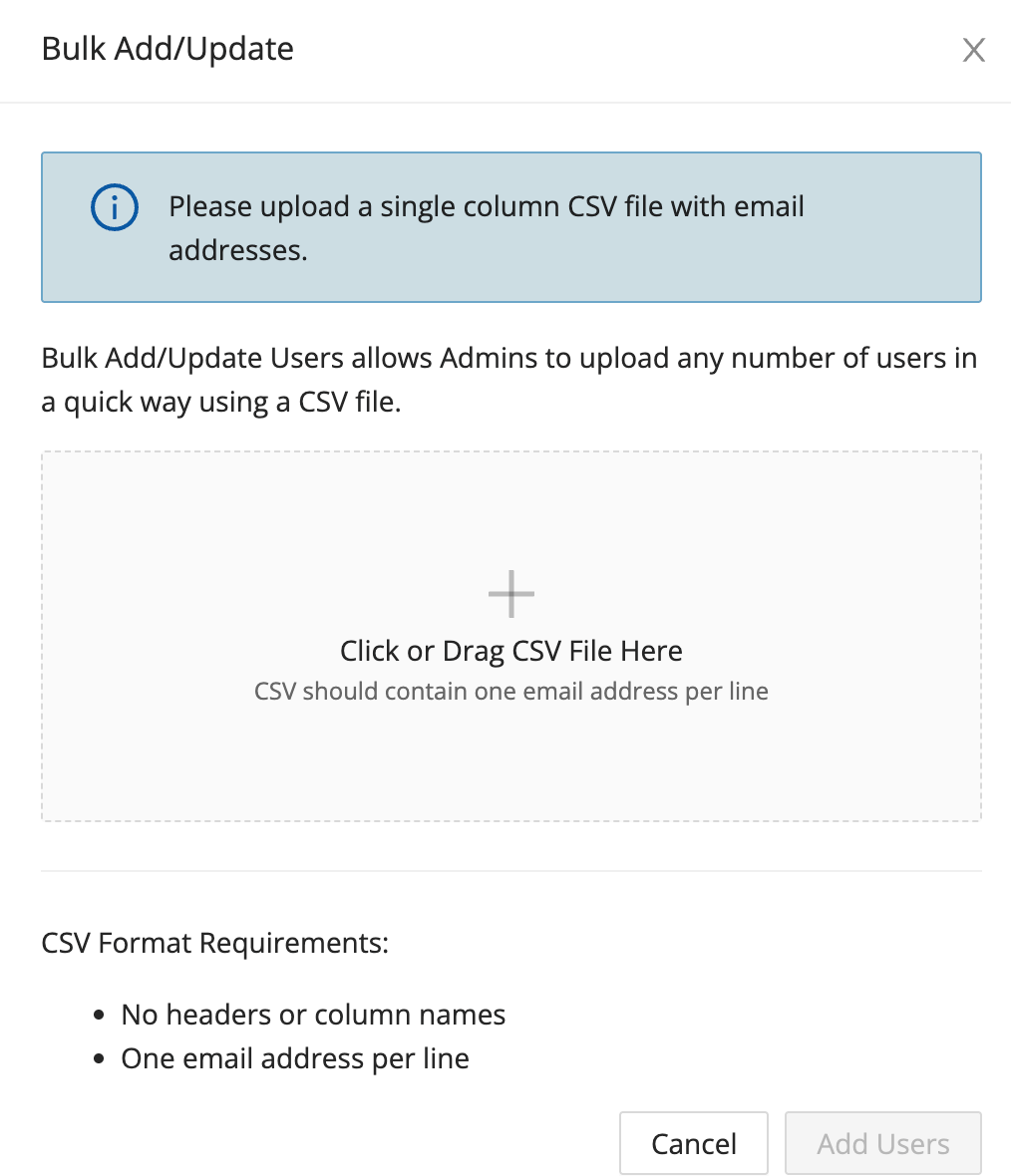 GoGuardian Org Management — Bulk Add/Update dialog for uploading a CSV of email addresses