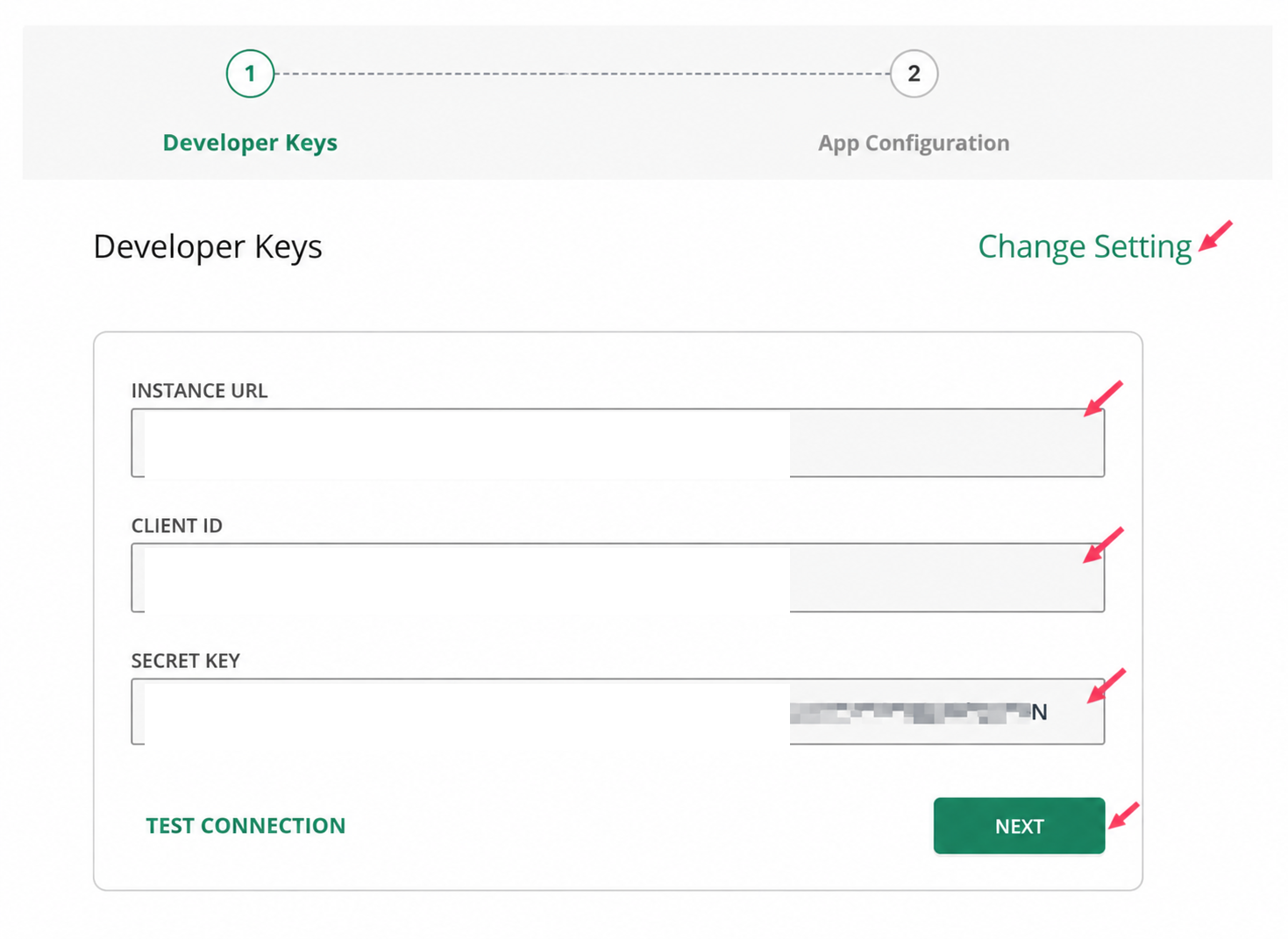 Enter the Canvas Instance URL, Client ID, and Secret Key on the Developer Keys tab. Credential values are redacted.
