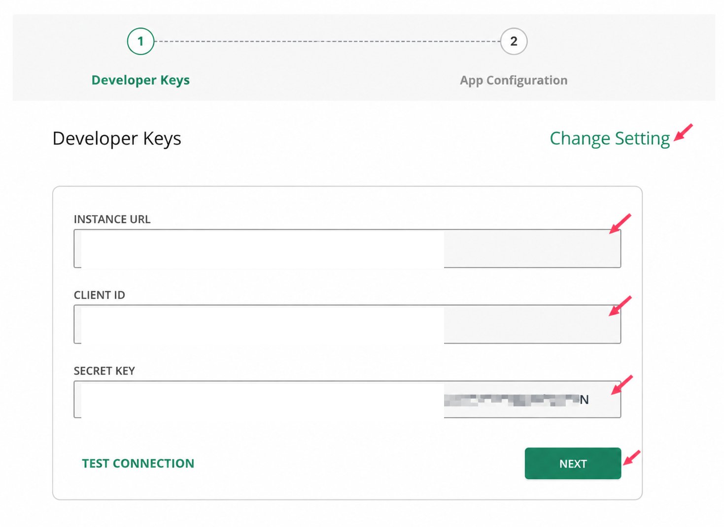 Enter the Canvas Instance URL, Client ID, and Secret Key on the Developer Keys tab. Credential values are redacted.