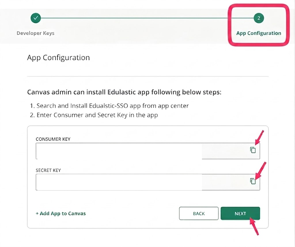Copy the Consumer Key and Shared Secret from the App Configuration tab. Credential values are redacted.