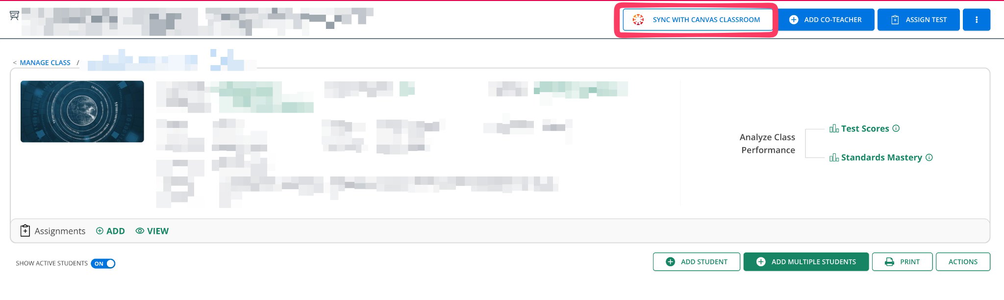 Click Sync with Canvas Classroom from a class in Manage Class.