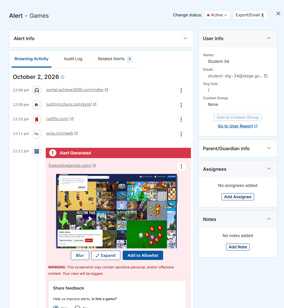 GoGuardian Admin Games alert details showing browsing activity, user information, and the Share feedback section.