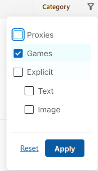 GoGuardian Admin Smart Alerts Category filter with Games selected to show gaming alerts.