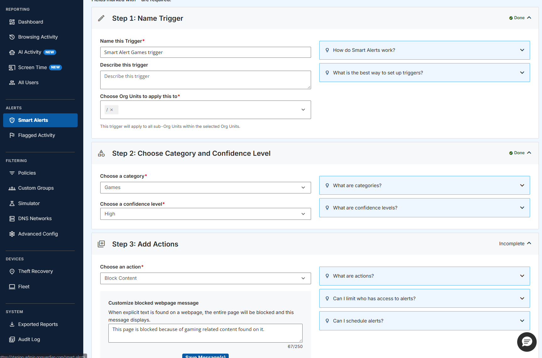 GoGuardian Admin Games Trigger configuration showing selected OUs, High confidence, and the Block Content Action.