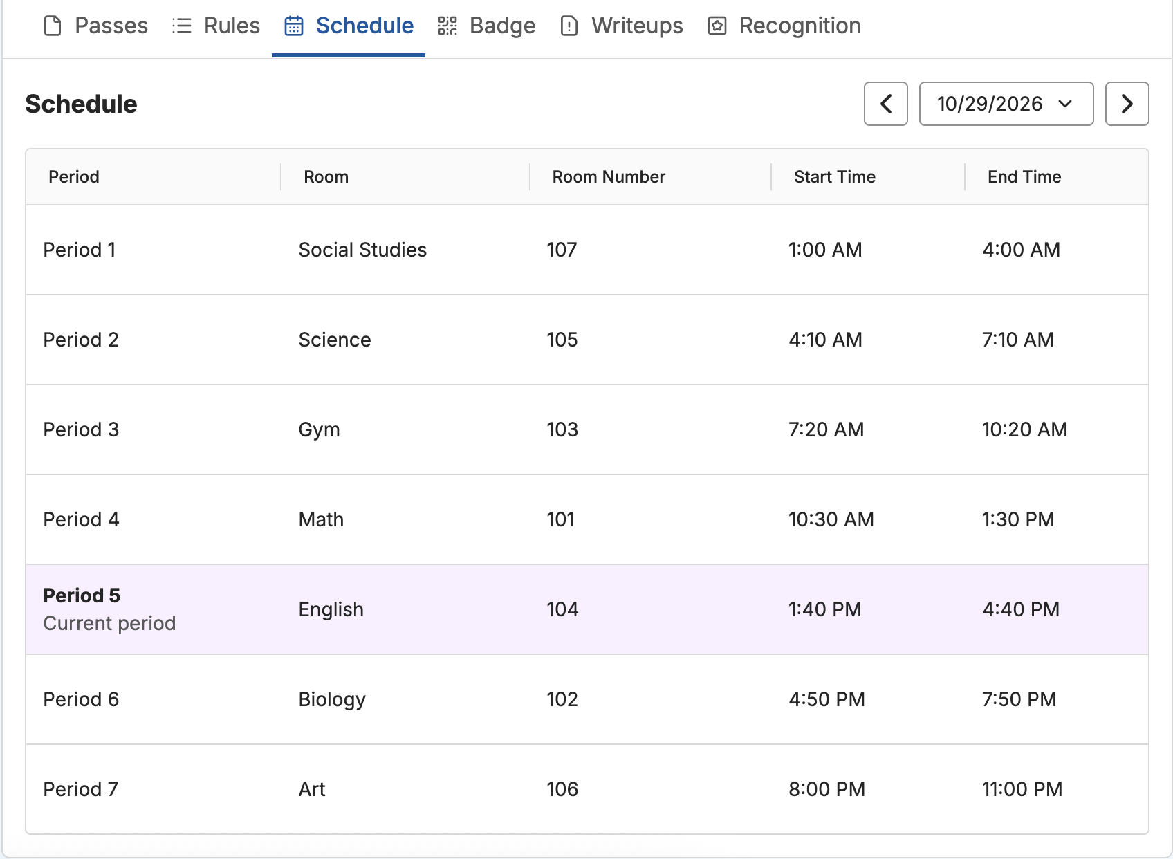 Schedule tab on a student's page showing the student's full schedule.