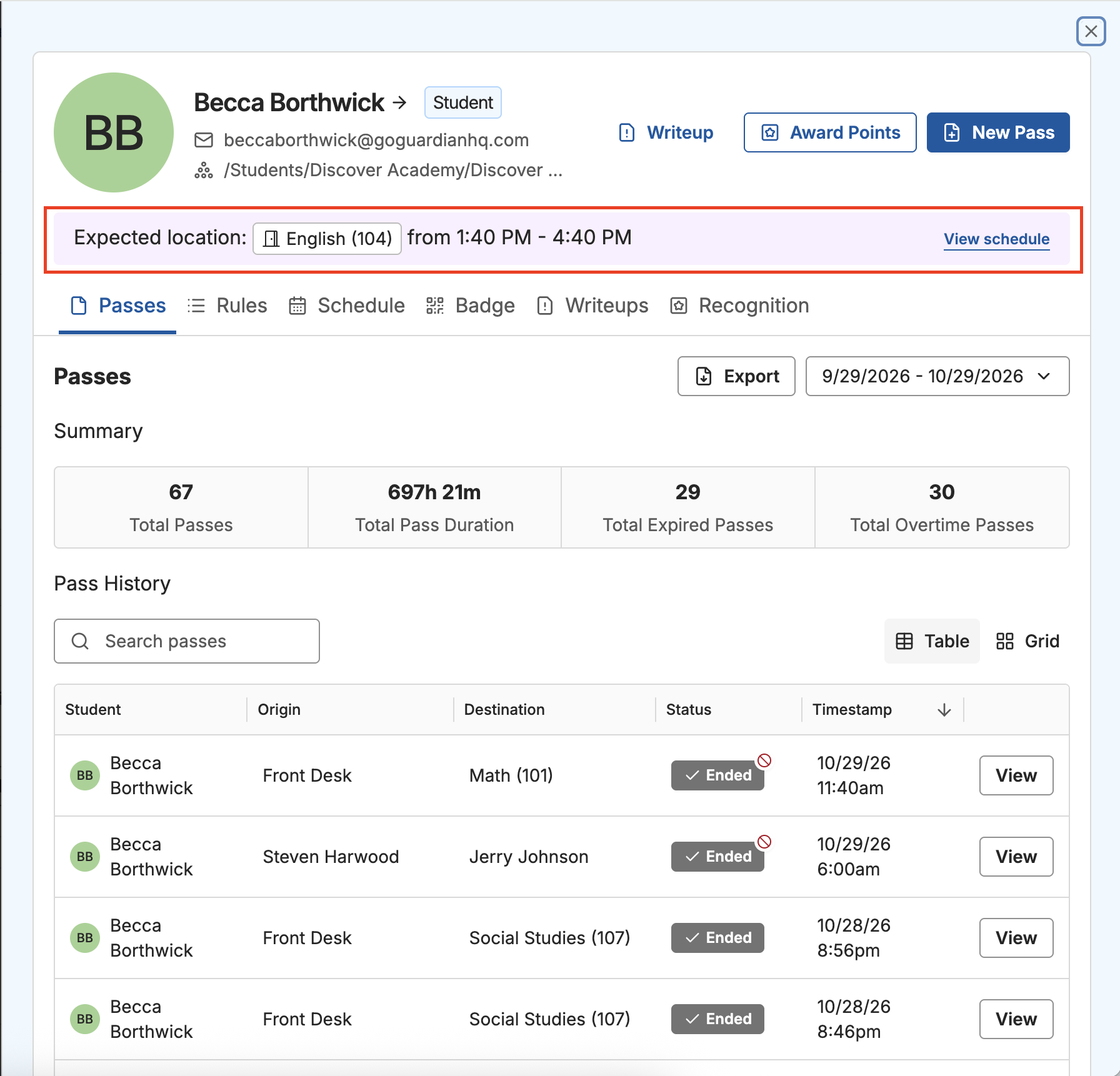 Student profile showing the student's expected location.