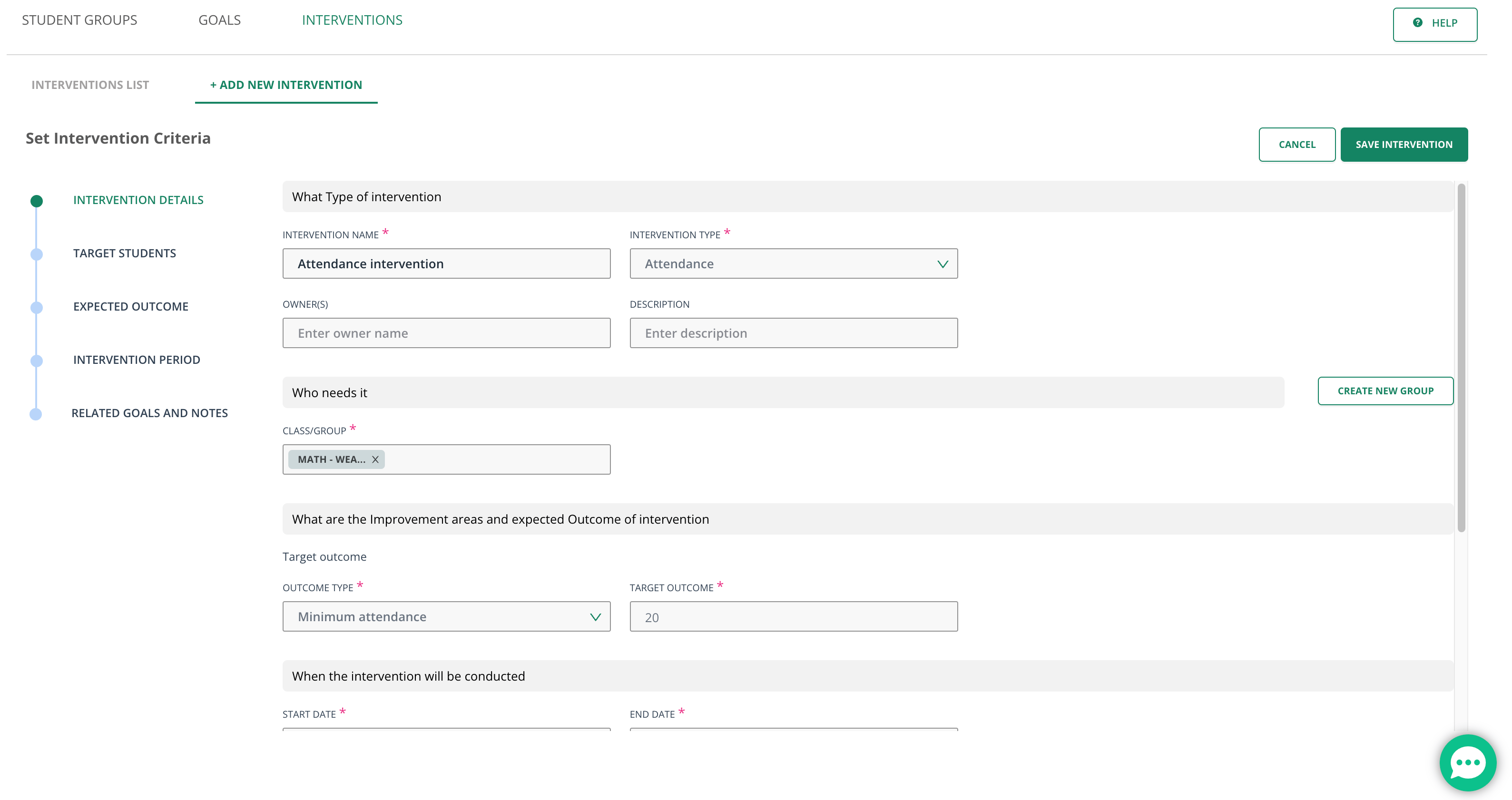 A view of how to set up an Intervention.
