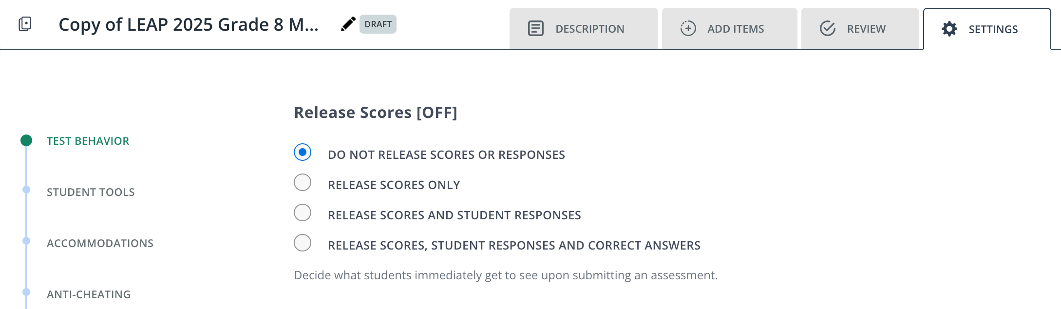 Release Scores setting in a test's settings.