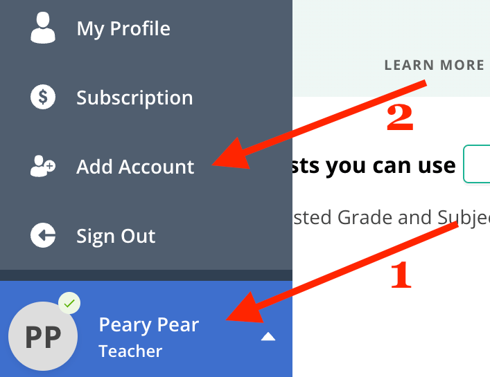 The "Add Account" button is available in the avatar menu, where users can add secondary accounts to switch roles.