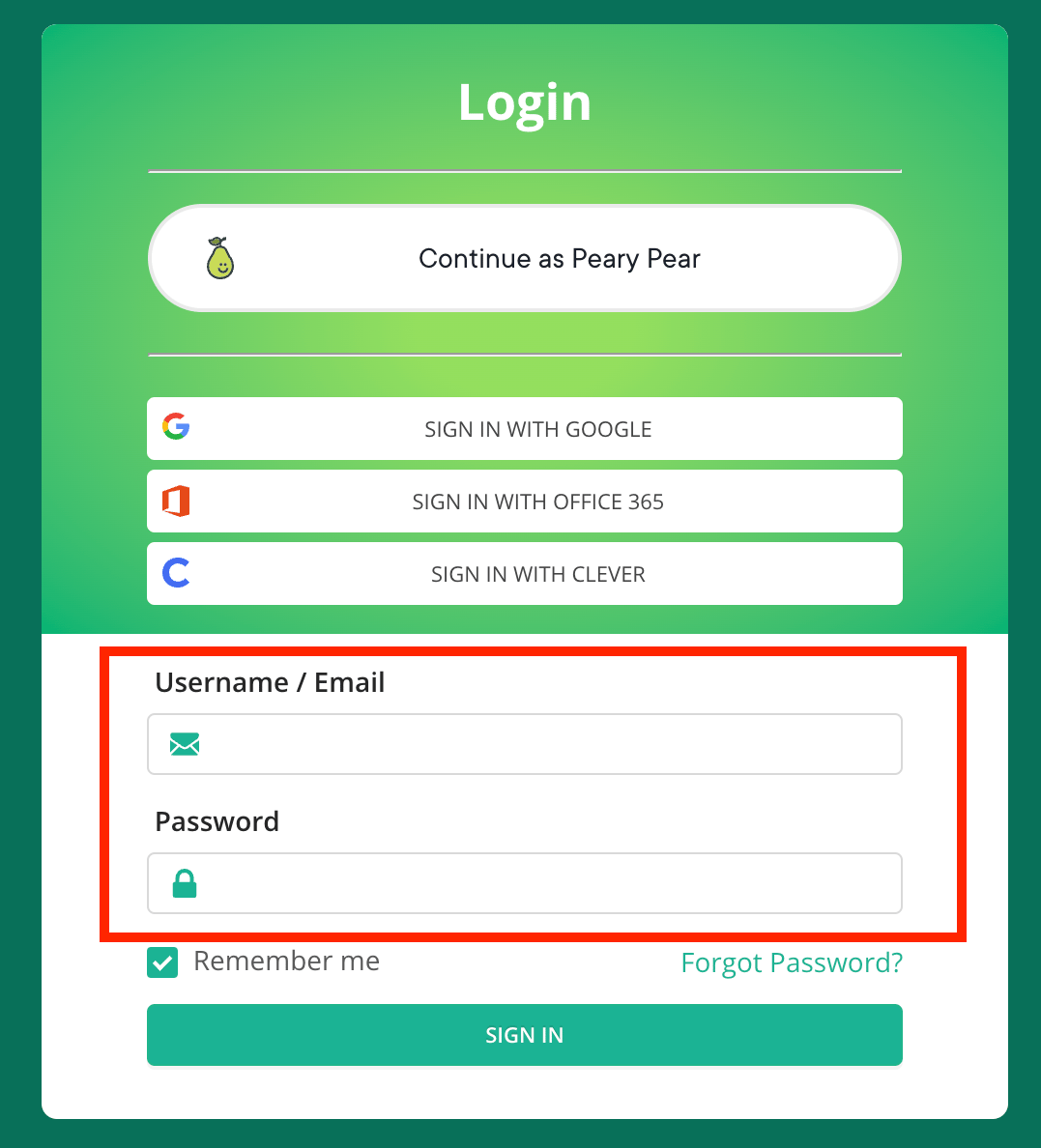 The sign-in page for Pear Assessment.