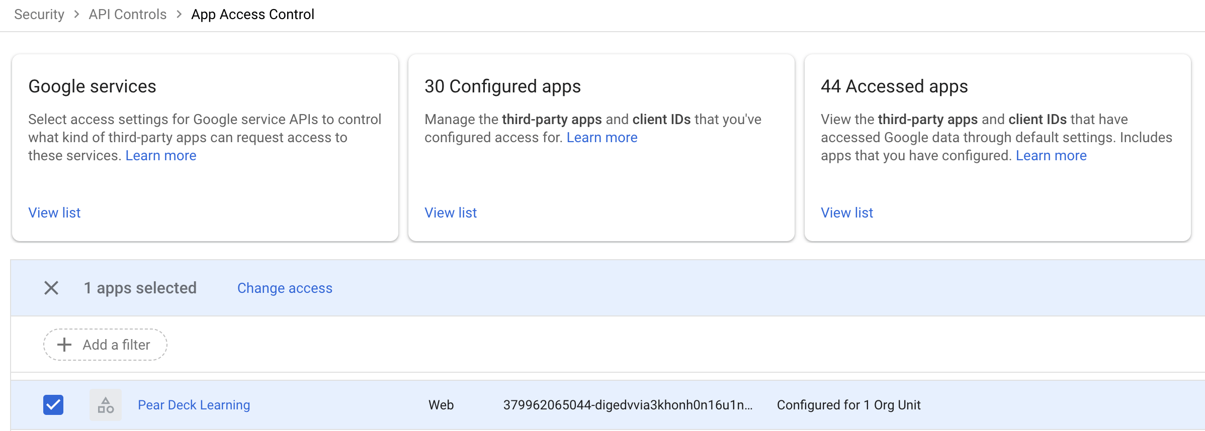 Search for Pear Deck Learning by the "App name" filter and then click "Change access".
