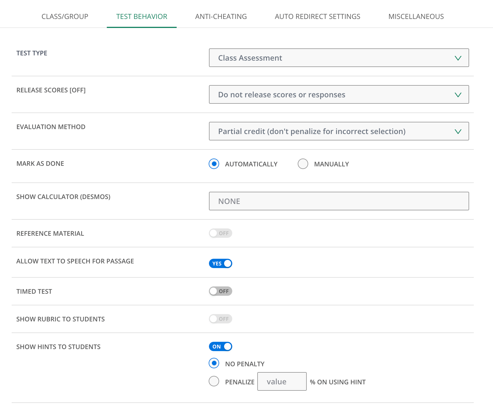A view of the Test Behavior screen.
